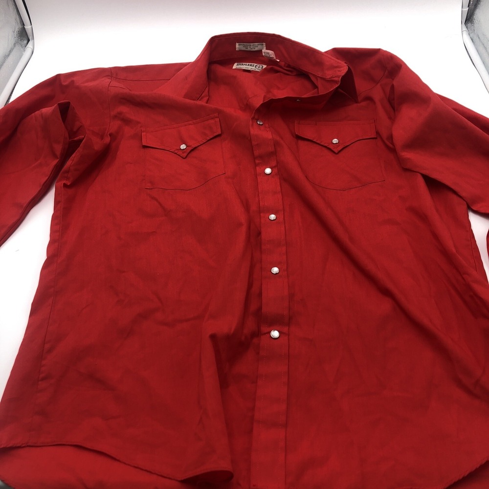 Vintage Sheplers Pearl Snap Shirt‎ Mens Size 16.5 Red Western Long Sleeve Cowboy